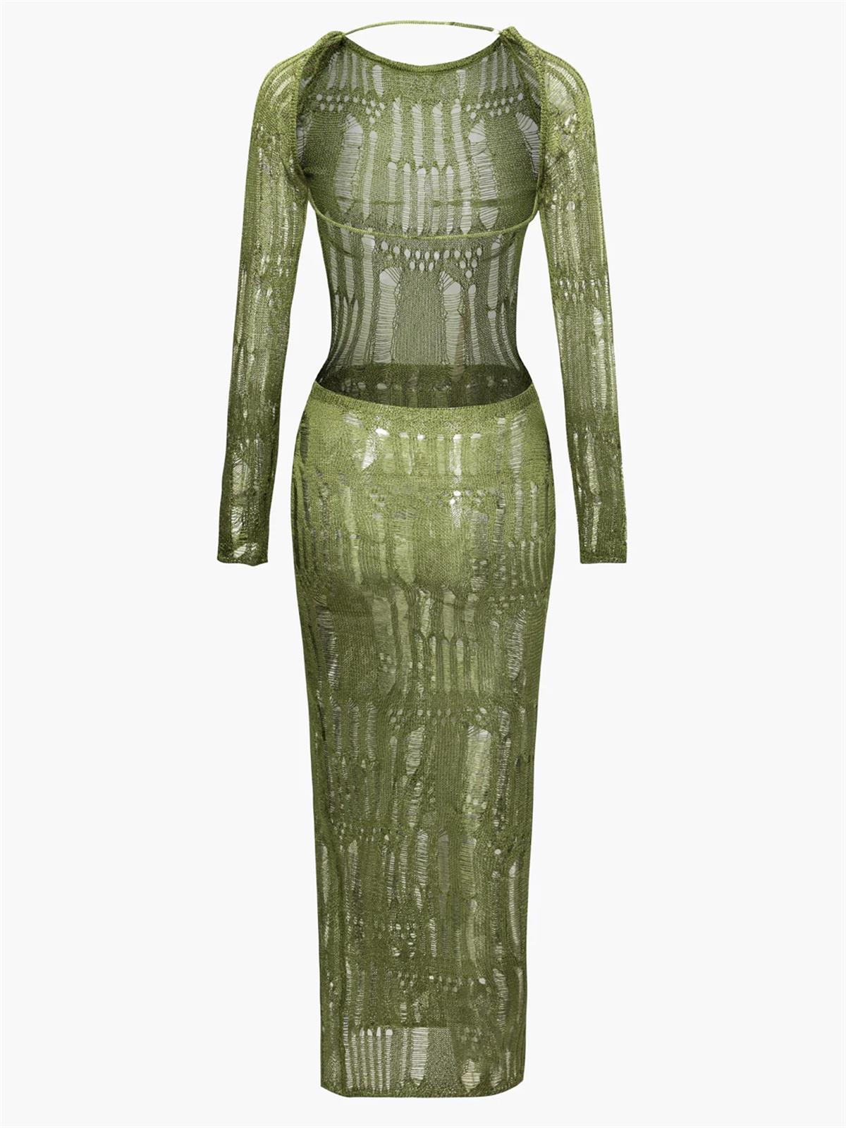 Yeşil Örgü Transparan Elbise