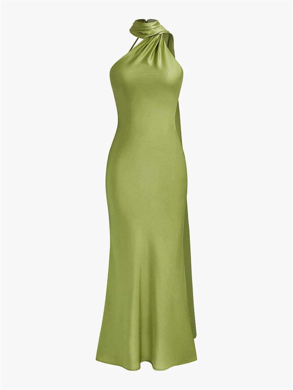 Sırt Dekolteli Şal Detaylı Saten Elbise - Yeşil
