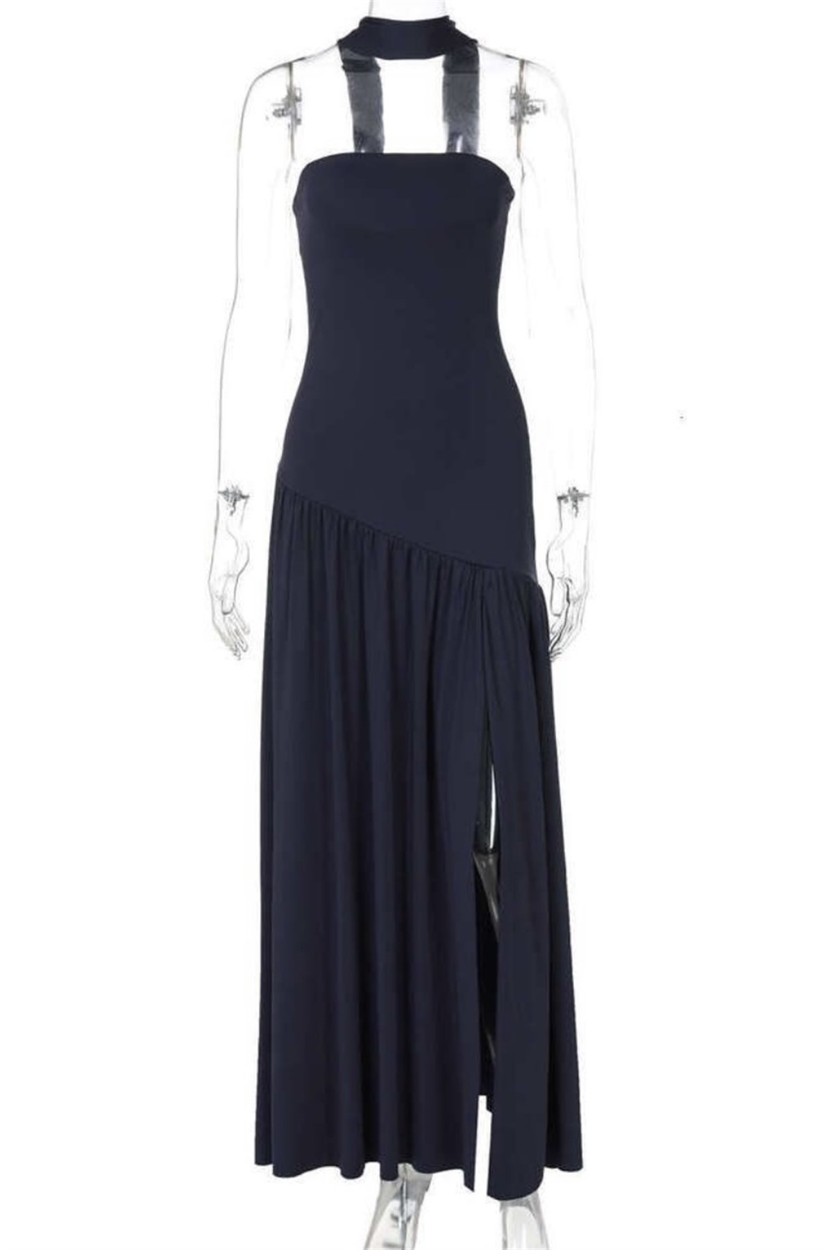 Yırtmaç Detaylı Straplez Şal Aksesuarlı Lacivert Elbise