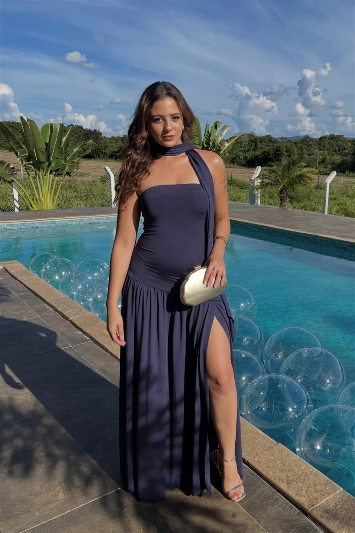 Yırtmaç Detaylı Straplez Şal Aksesuarlı Lacivert Elbise