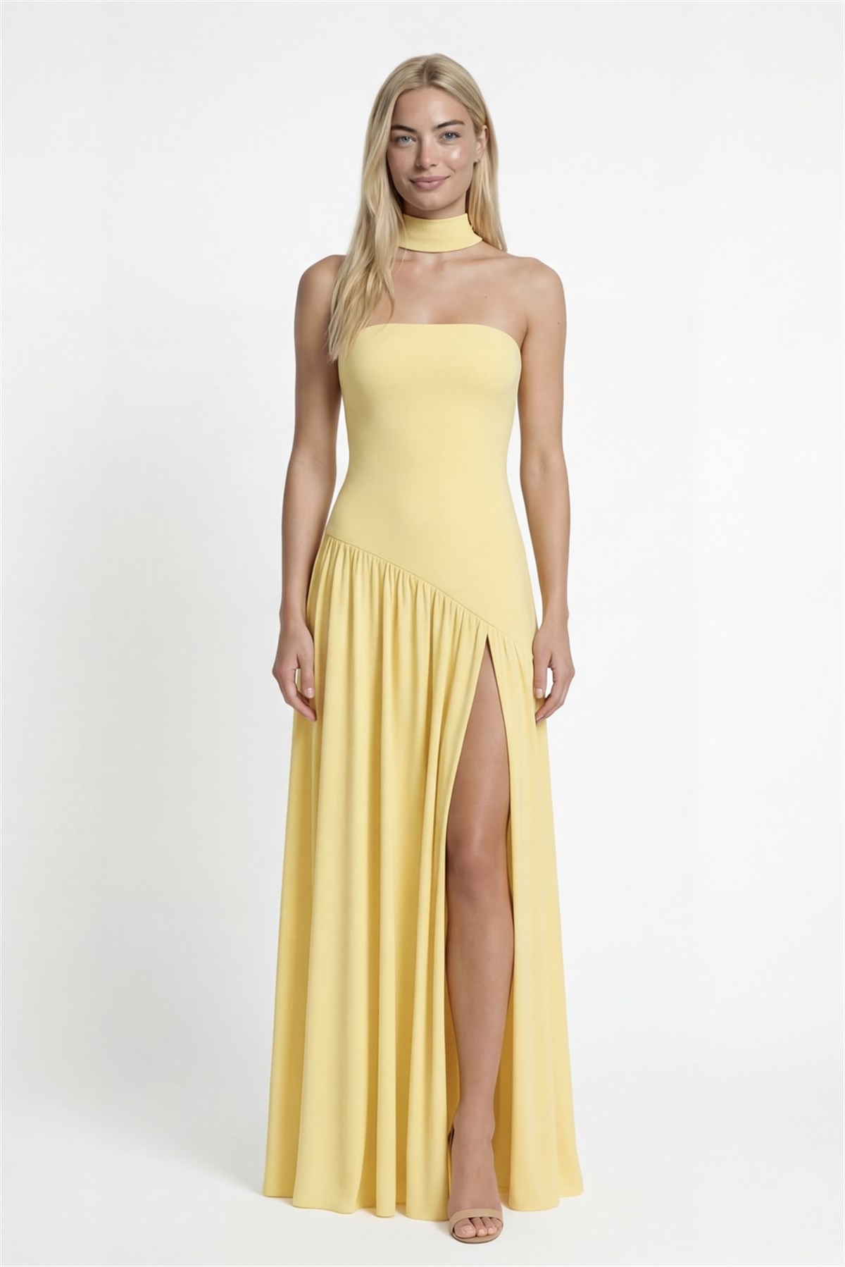 Yırtmaç Detaylı Straplez Şal Aksesuarlı Sarı Elbise