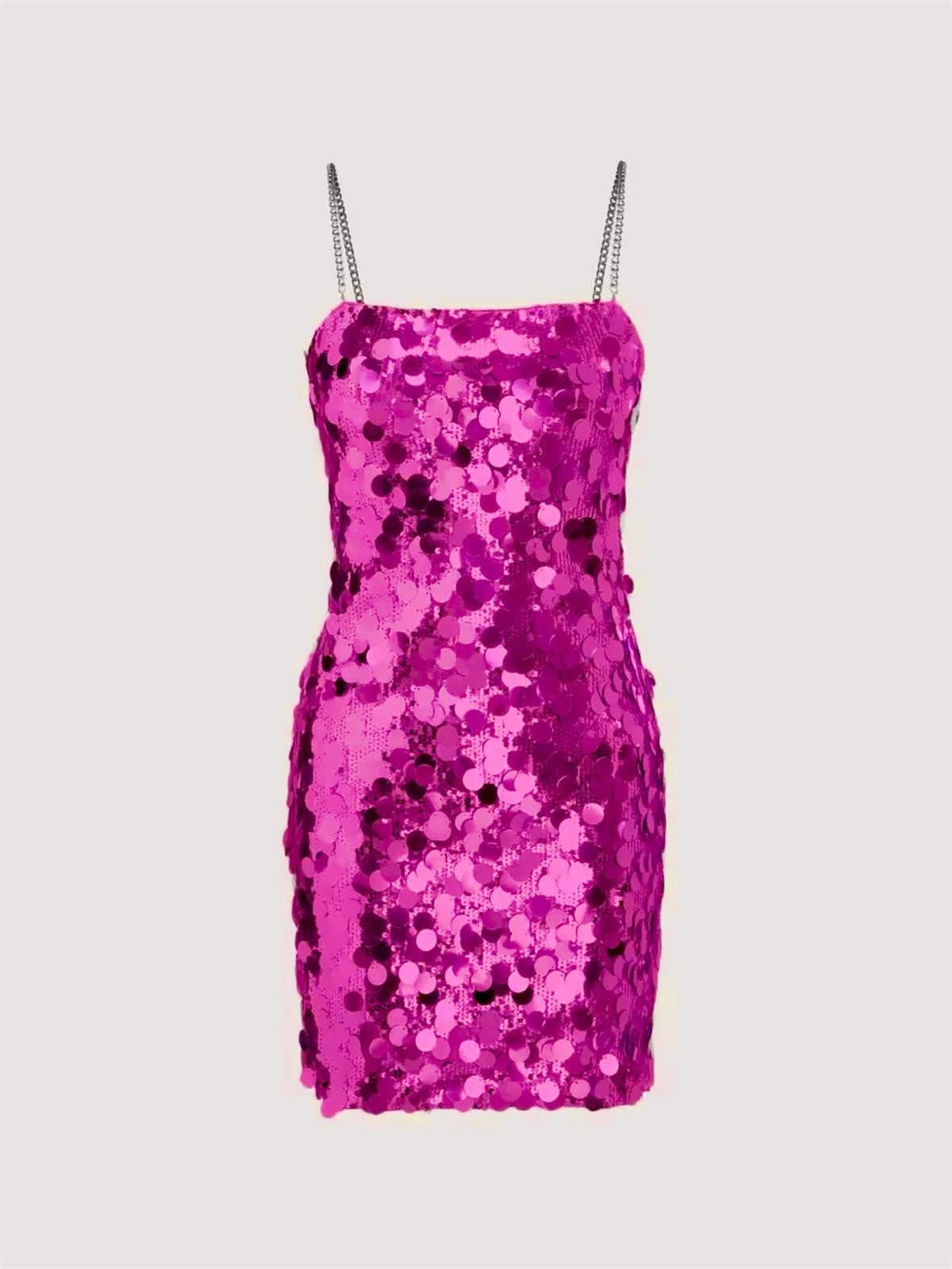 Zincir Askılı Payet Elbise - Pembe