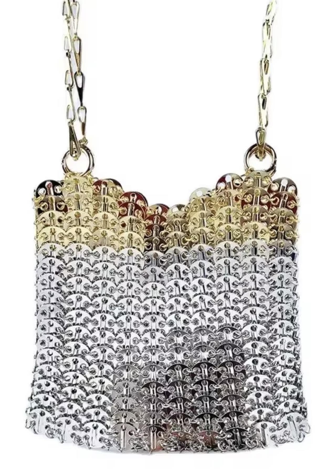 Zincir Dokulu Metalik El Yapımı Medium Çanta