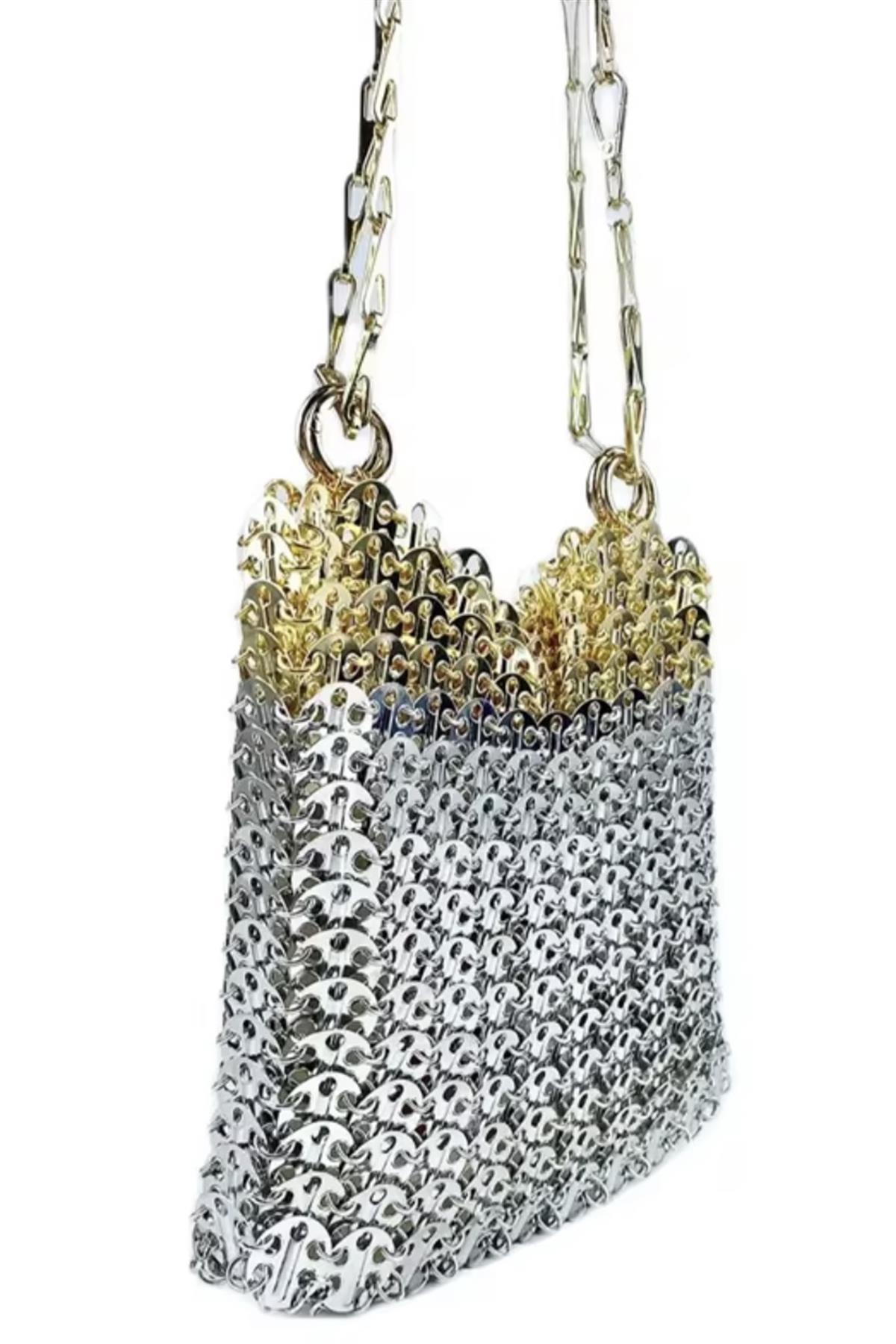Zincir Dokulu Metalik El Yapımı Medium Çanta