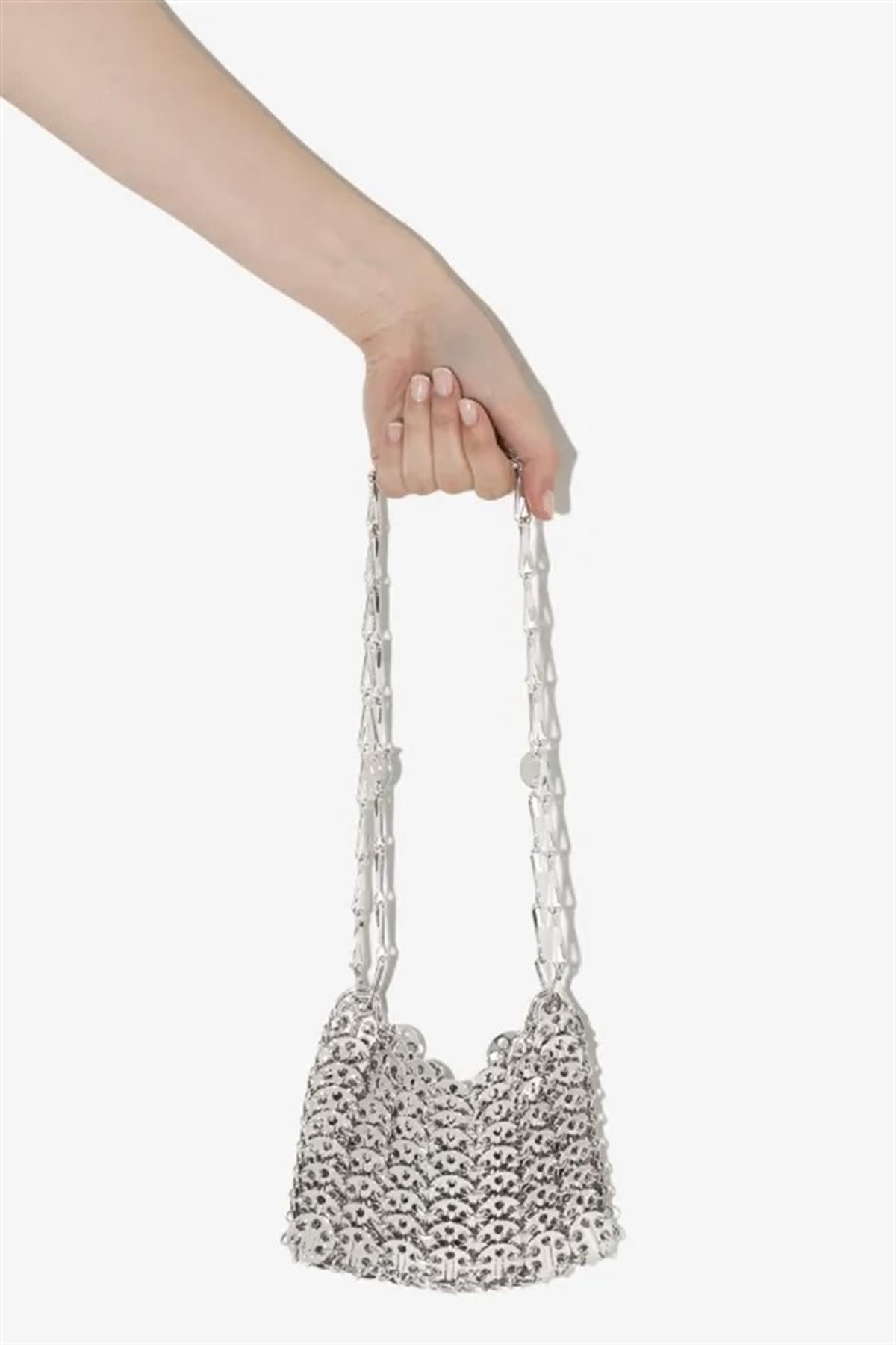 Zincir Dokulu Metalik El Yapımı Mini Çanta