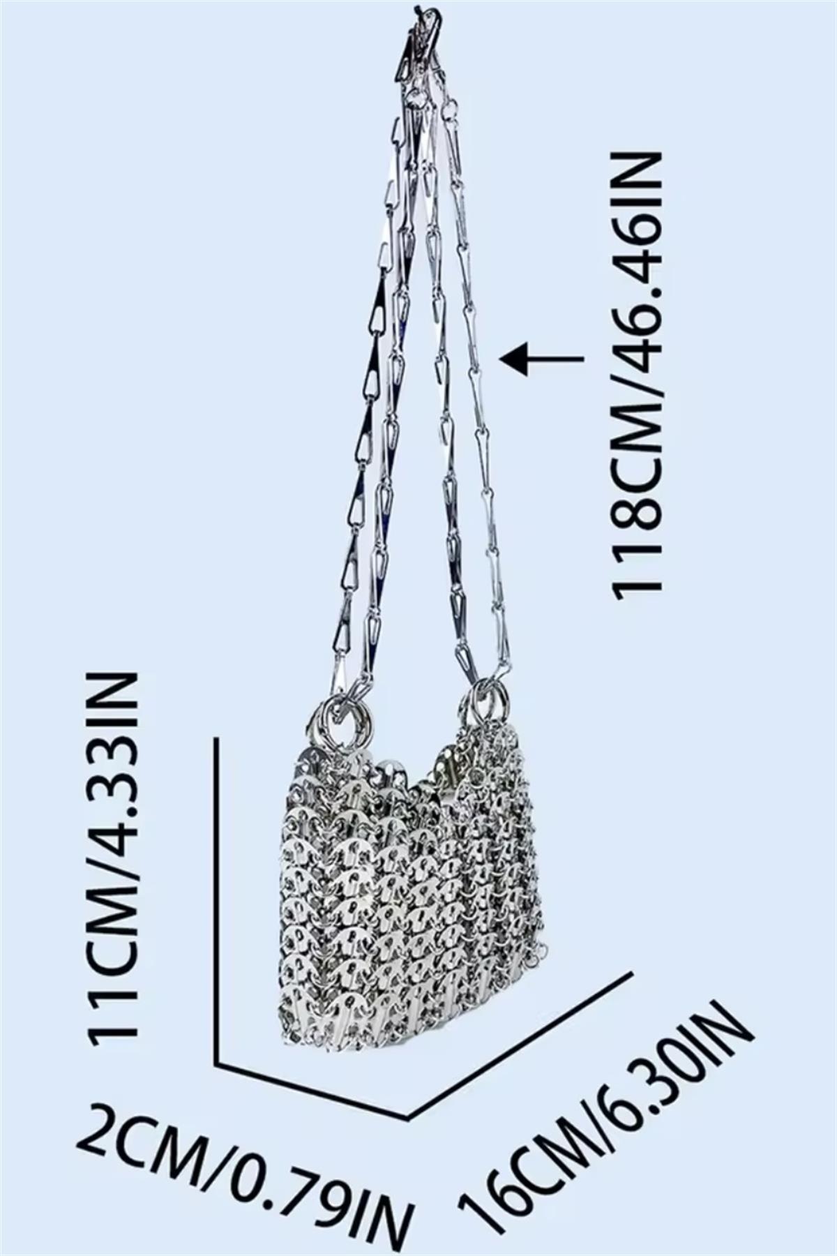 Zincir Dokulu Metalik El Yapımı Mini Çanta