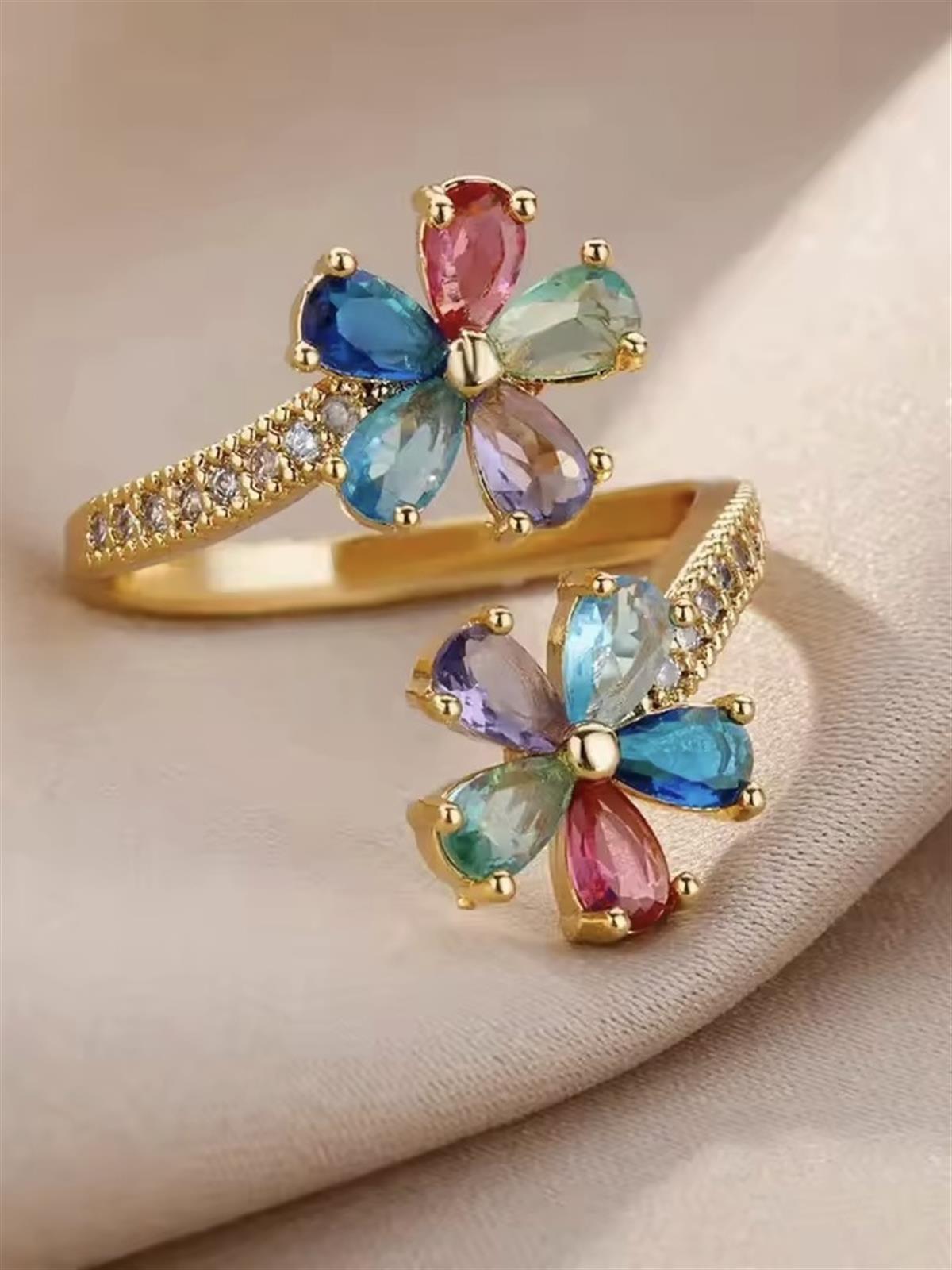 Zirkon Çiçek Ayarlanabilir Yüzük / Altın Kaplama 