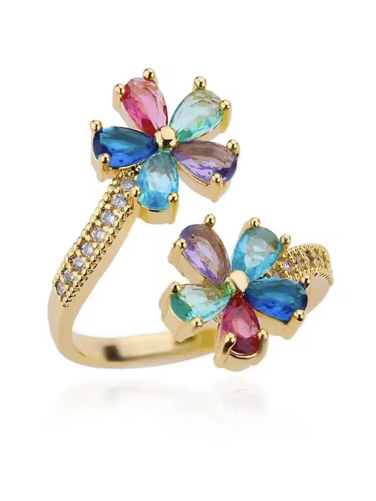 Zirkon Çiçek Ayarlanabilir Yüzük / Altın Kaplama 