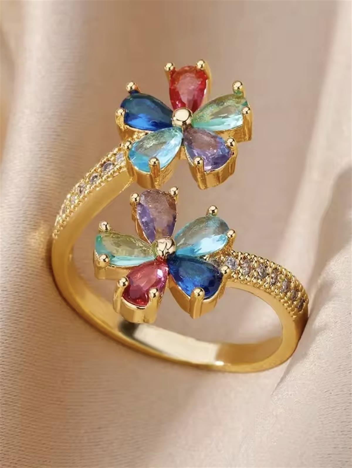 Zirkon Çiçek Ayarlanabilir Yüzük / Altın Kaplama 