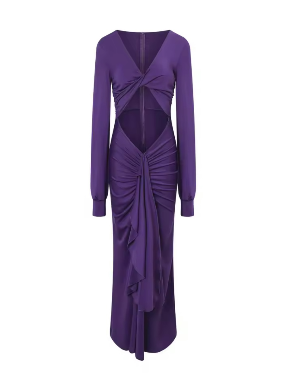 Drapeli Bel Dekolteli Mor Elbise