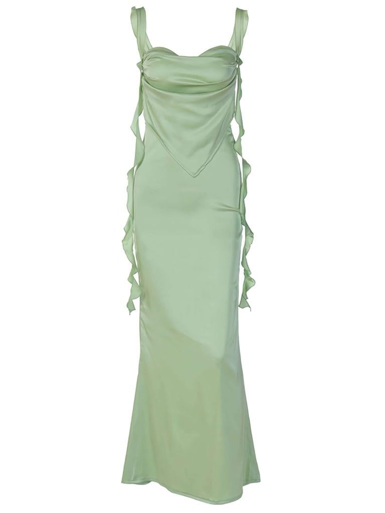 Drapeli Saten Asimetrik Kesim Yeşil Elbise