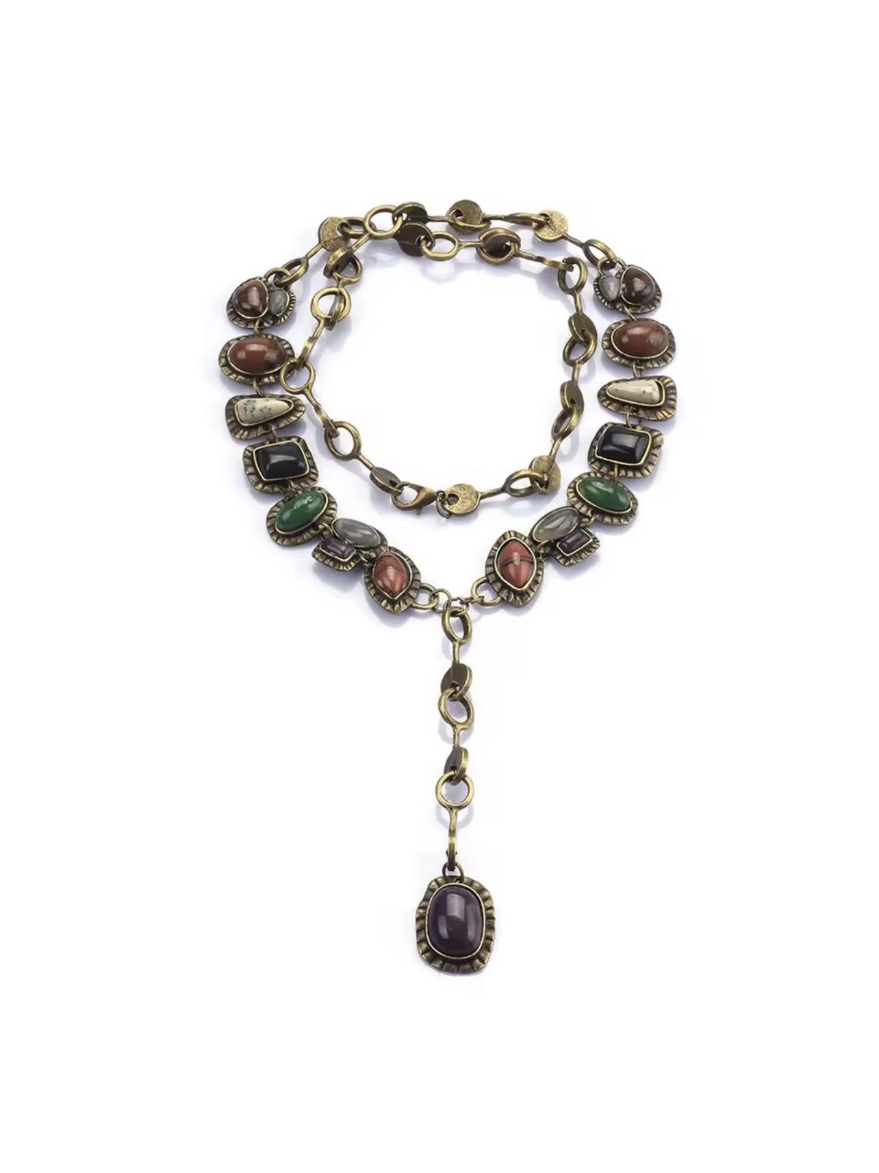 Etnik Doğal Taş Detaylı Uzun Kolye