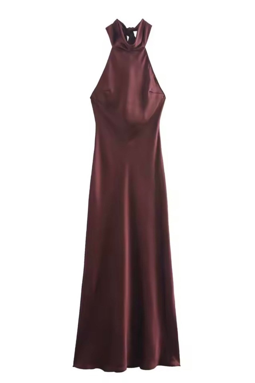 Halter Yaka Sırt Dekolteli Midi Saten Elbise - Bordo