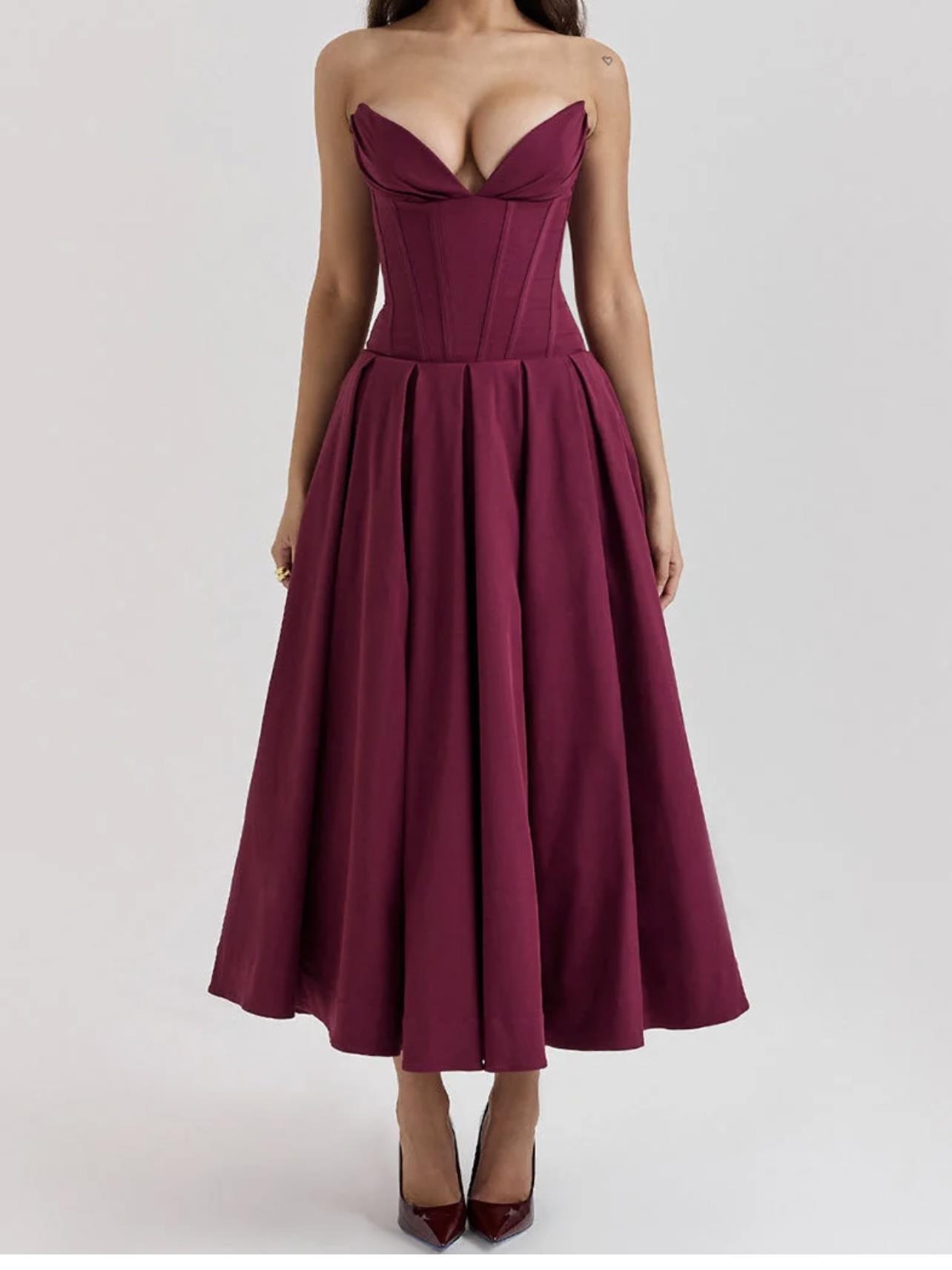 KORSE FORMLU KALP YAKA BORDO MİDİ ELBİSE