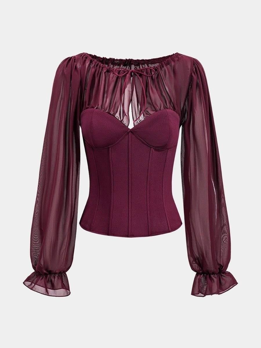 KORSE FORMLU ŞİFON KOL DETAYLI BORDO BLUZ