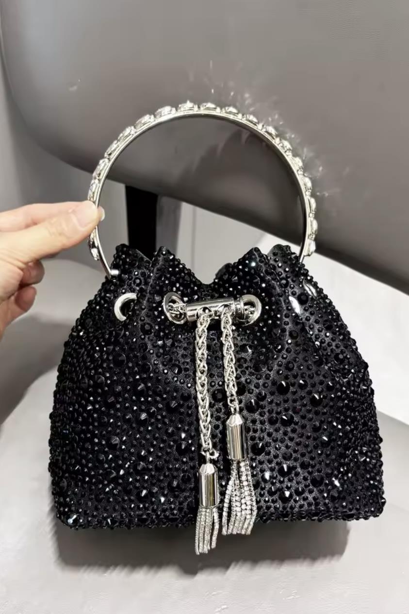 Kristal Taşlı Büzgülü Mini Gece Çantası - Siyah