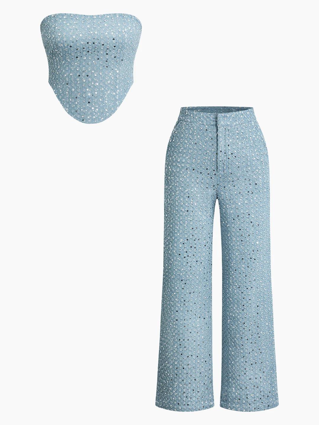 PUL DETAYLI STRAPLEZ JEAN TAKIM