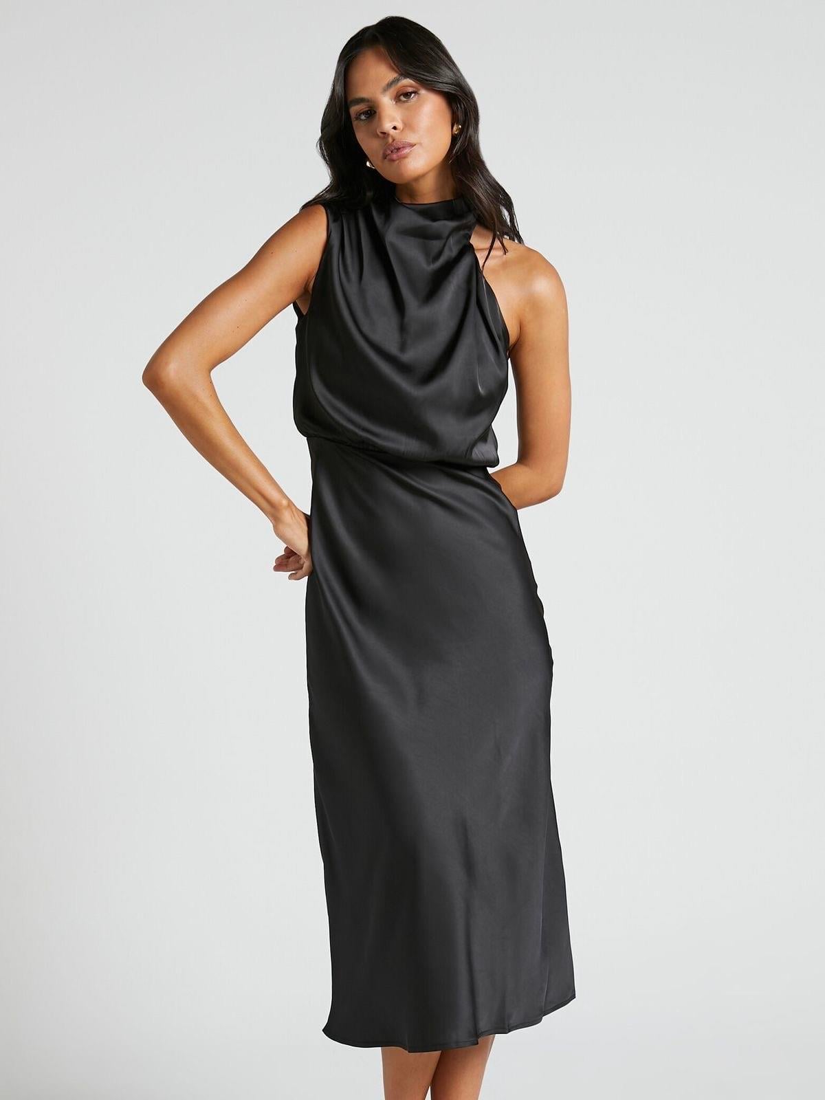 Saten Halter Yaka Midi Elbise