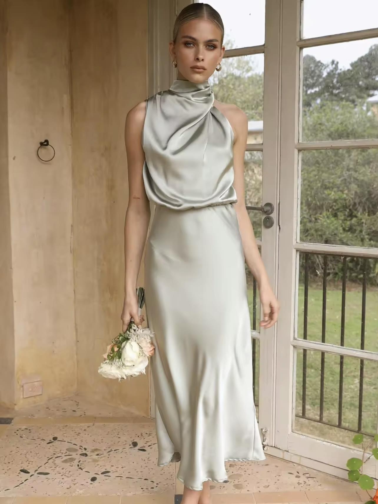 Saten Halter Yaka Midi Elbise