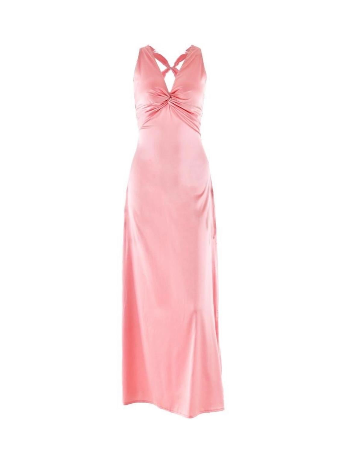 SATEN KRUVAZE YAKA PEMBE ELBİSE