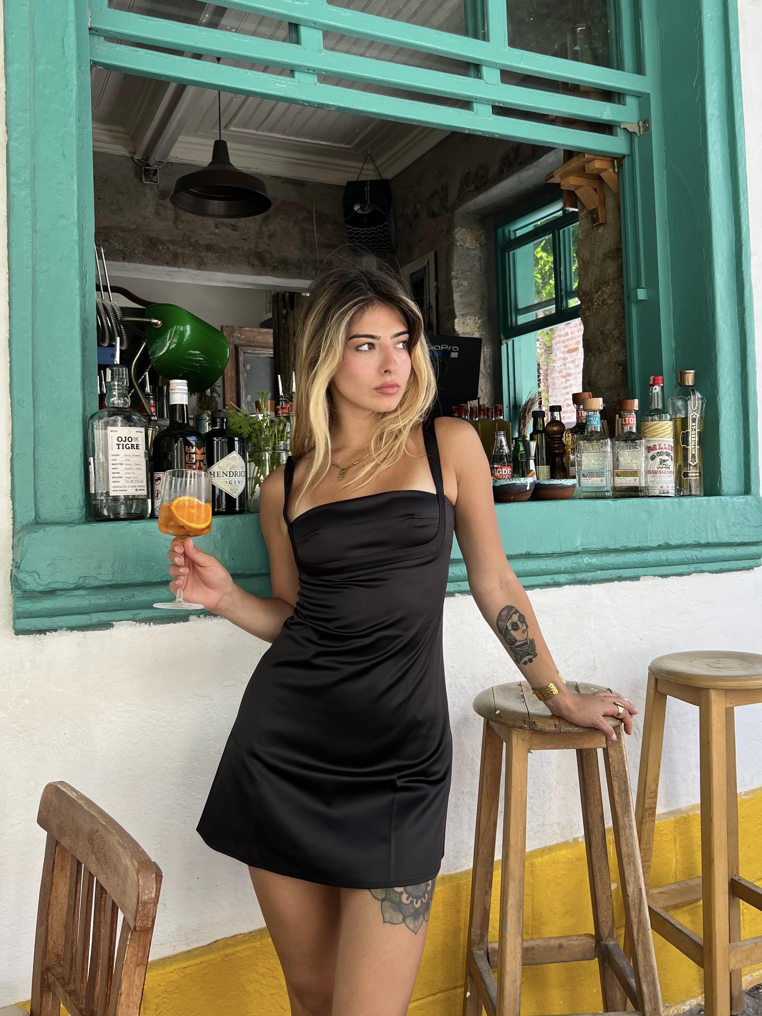 SATEN MİNİ ELBİSE - SİYAH