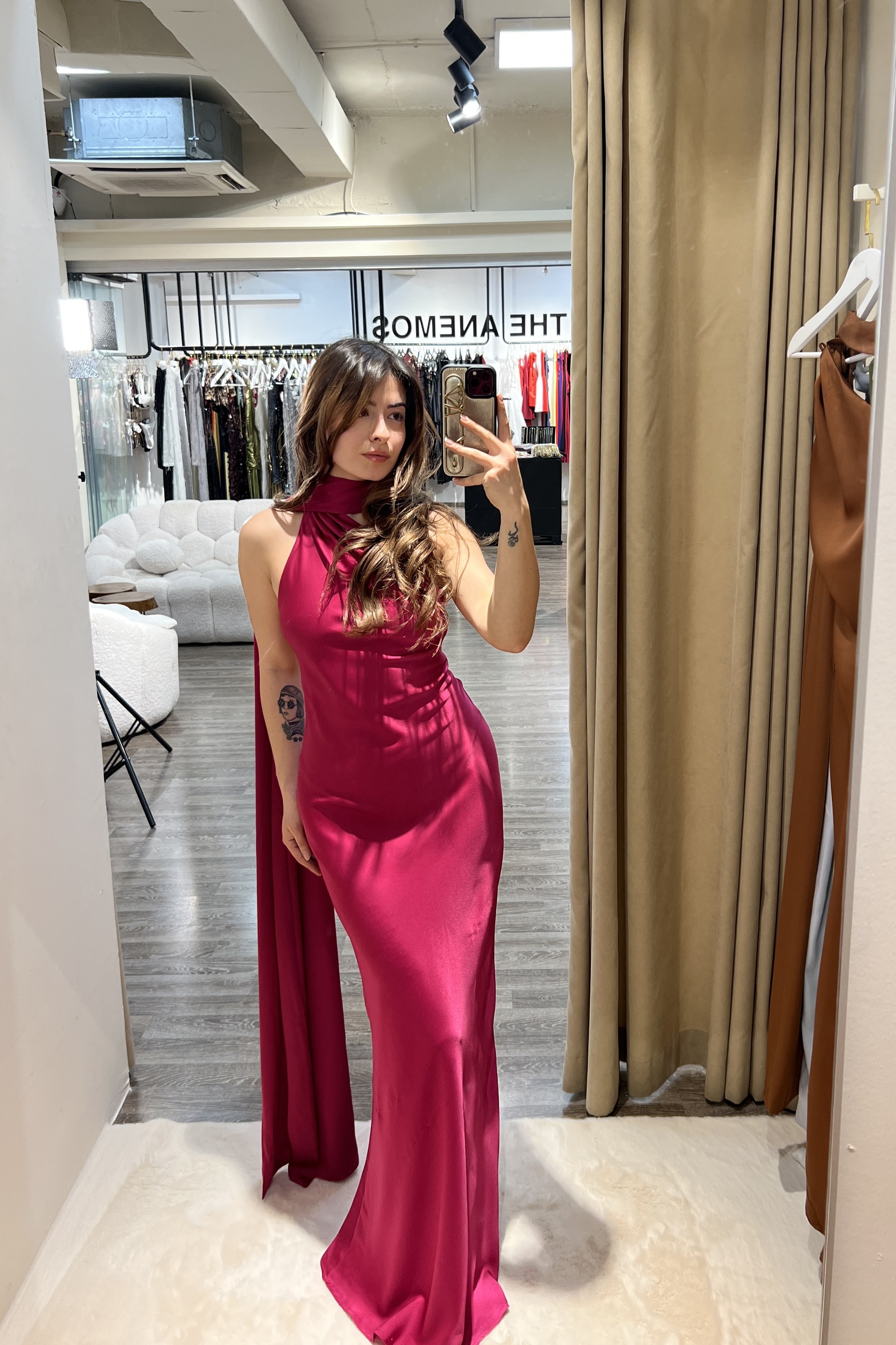 Sırt Dekolteli Şal Detaylı Saten Elbise - Fuşya Pembe