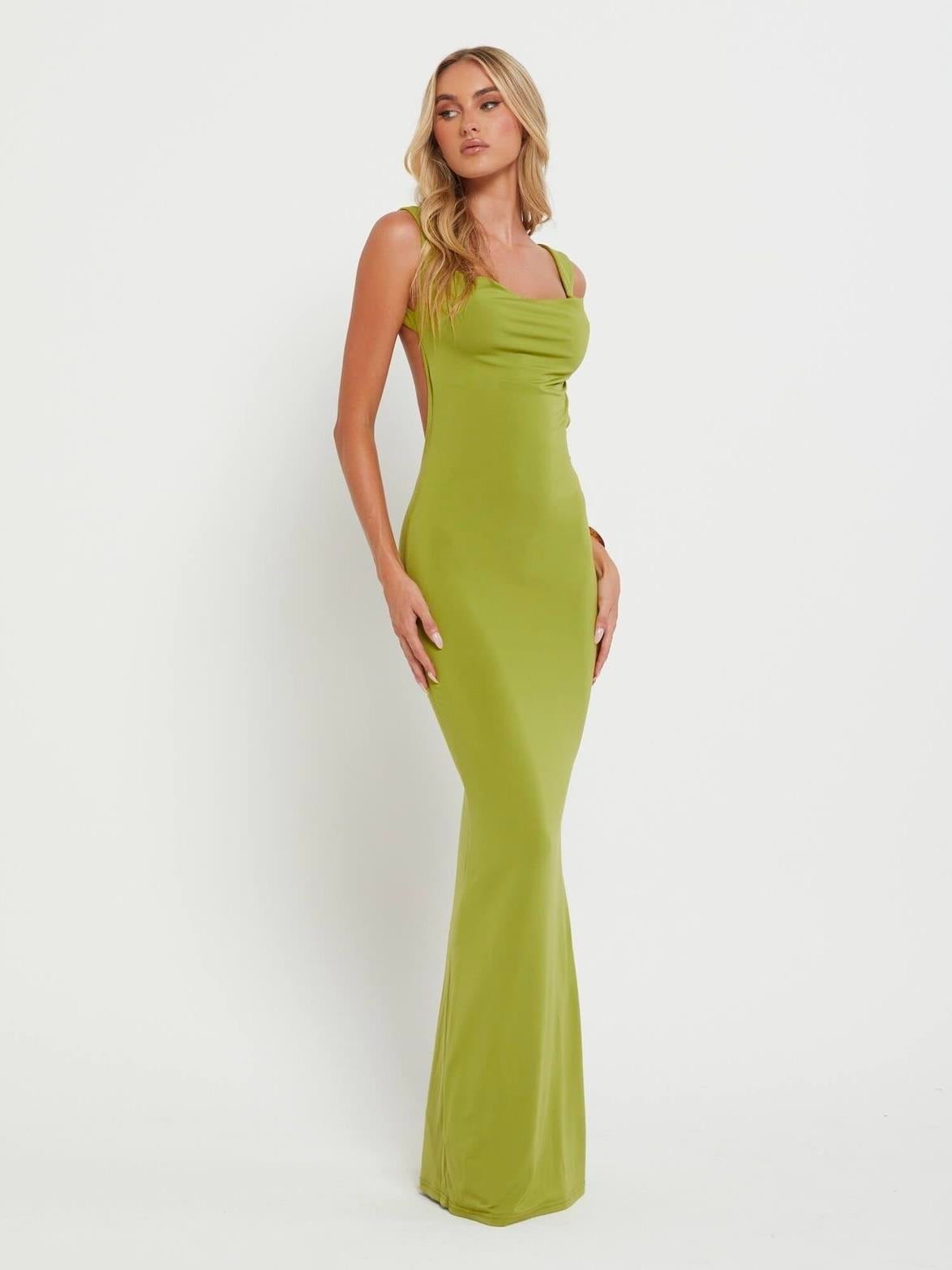 SIRT DEKOLTELİ YEŞİL ELBİSE