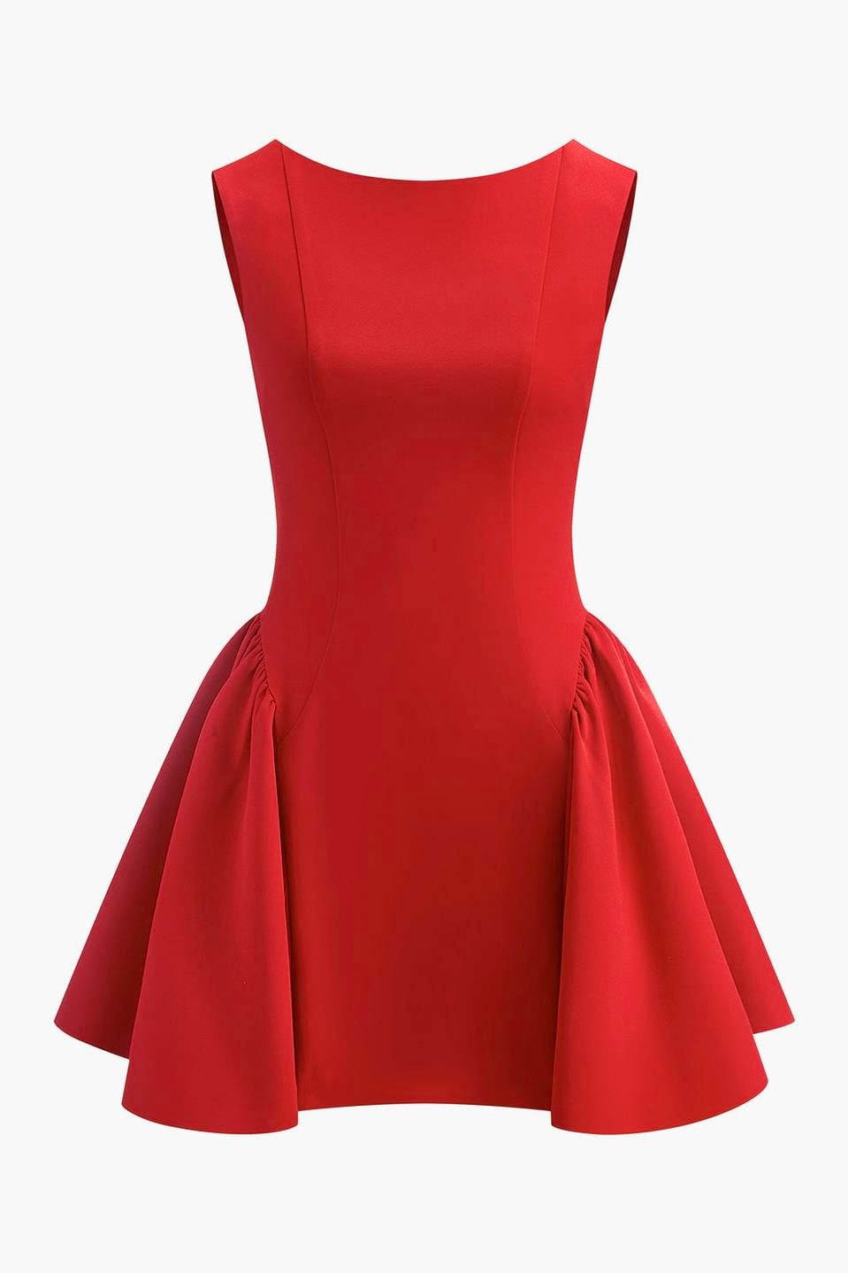 Volan Detaylı Sırt Dekolteli Mini Elbise - Kırmızı