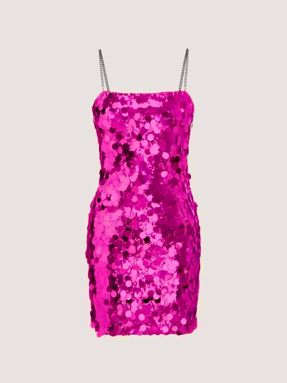 ZİNCİR ASKILI PAYET ELBİSE - PEMBE