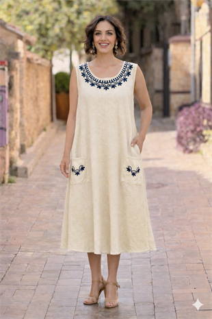 Alaçatı Nakışlı Keten Elbise
