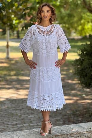 Beyaz Dolce Notte Dantelli %100 Pamuk İtalyan Elbise