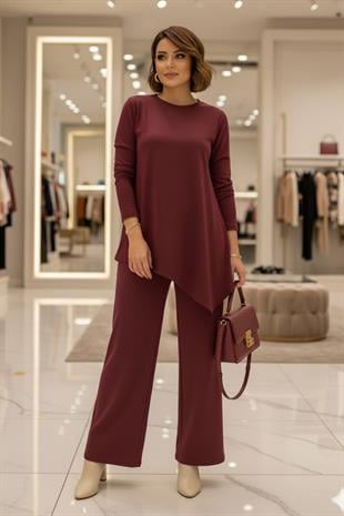 Bordo Asimetrik Kesim Modal Kumaş Takım