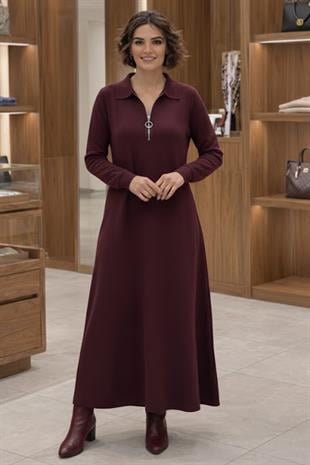 Bordo Elegance Modal Kumaş Fermuar Detaylı Elbise