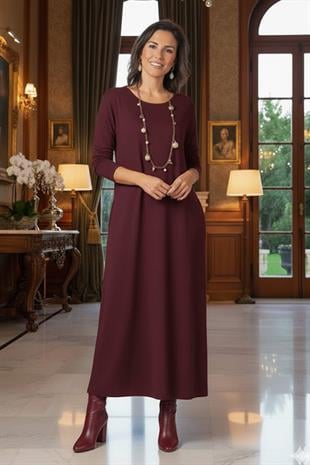 Bordo Gizli Cepli İnce Gösteren Tok Penye Elbise