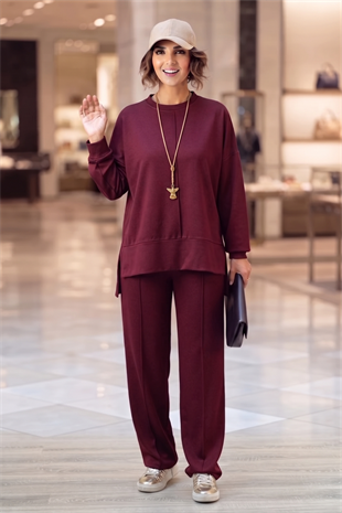 Bordo Modal Kumaş Çımalı Pantolon Bluz Takım