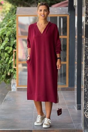 Bordo Renk Sweat Elbise - Modal Kumaş