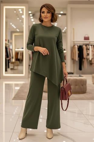 Haki Asimetrik Kesim Modal Kumaş Takım