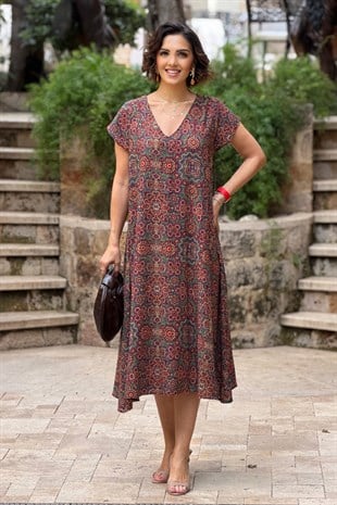 Haki Çini Desenli Elbise
