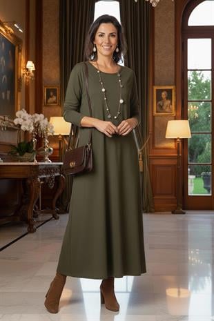 Haki Gizli Cepli İnce Gösteren Tok Penye Elbise