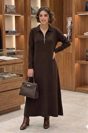 Kahverengi Elegance Modal Kumaş Fermuar Detaylı Elbise