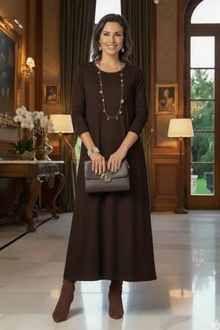 Kahverengi Gizli Cepli İnce Gösteren Tok Penye Elbise