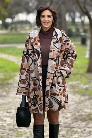 Kahverengi Kabartma Çiçekli Yün Oversize Mont