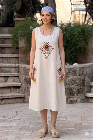 Kilim Nakışlı Kolsuz Keten Elbise