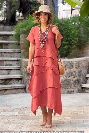 Kiremit Datça Müslin Kumaş %100 Pamuk Elbise