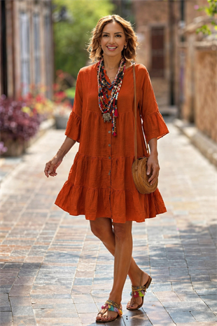 Kiremit Renk Positano Midi Boy %100 Pamuk Elbise