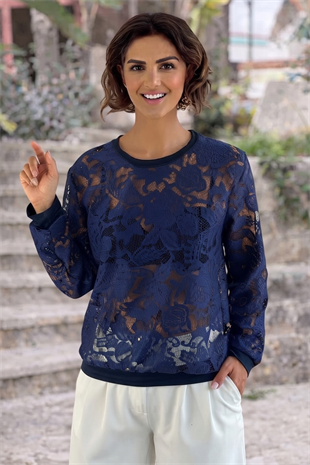 Lacivert Güpürlü Tasarım Sweatshirt