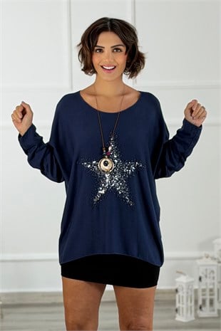 Lacivert Star Pul Payetli Bluz