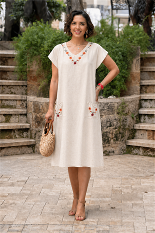 Minyon Çiçek Nakışlı Keten Elbise