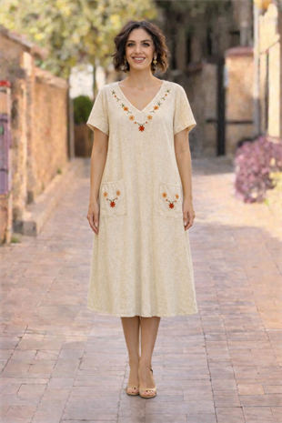 Minyon Çiçek Nakışlı Keten Elbise