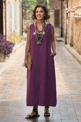 Mor Önden Yırtmaçlı Müslin Elbise